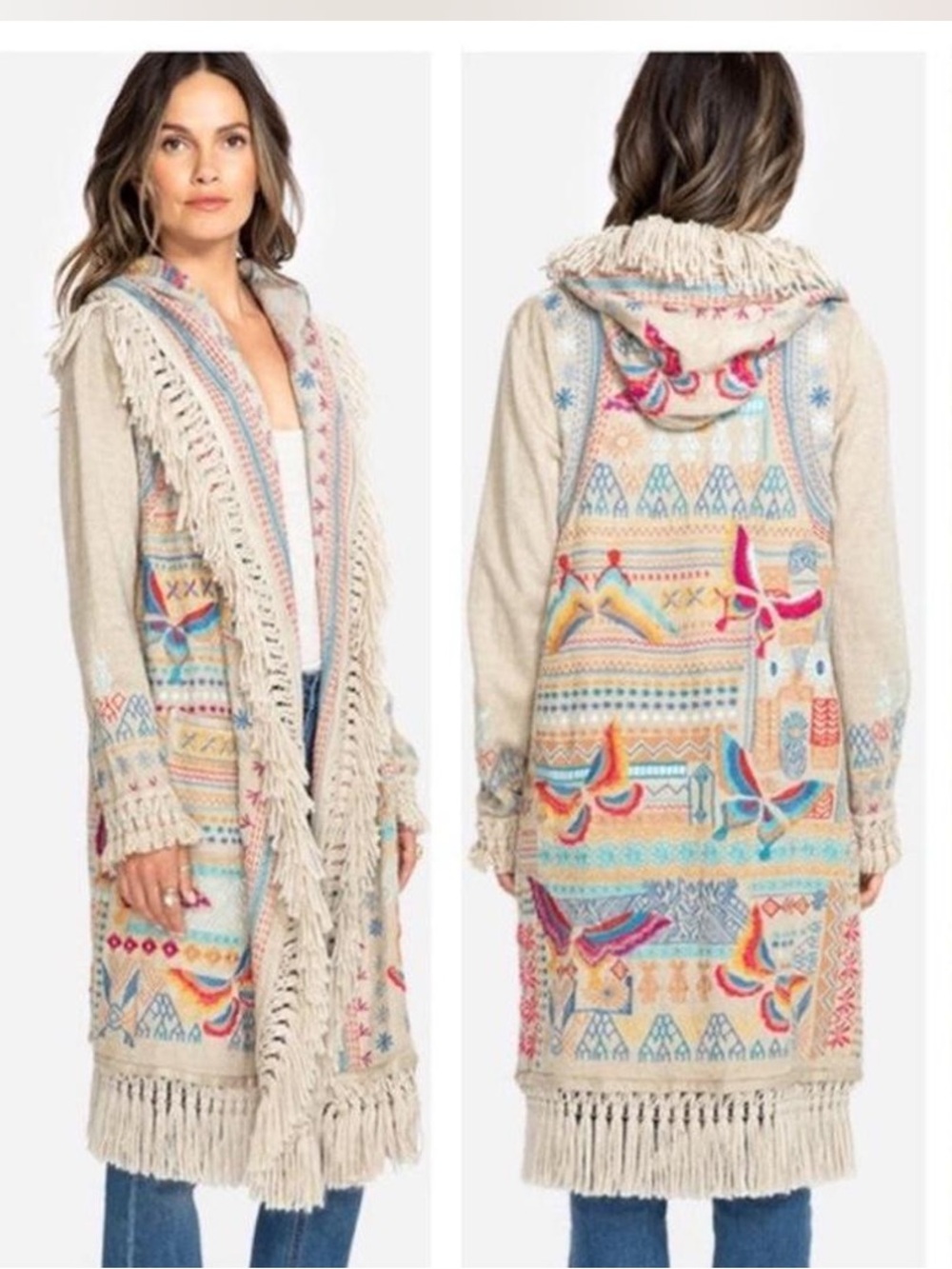 Johnny Was Cream Multicolor Embroidered Fringe Hooded Cardigan butterfly 🦋 Small